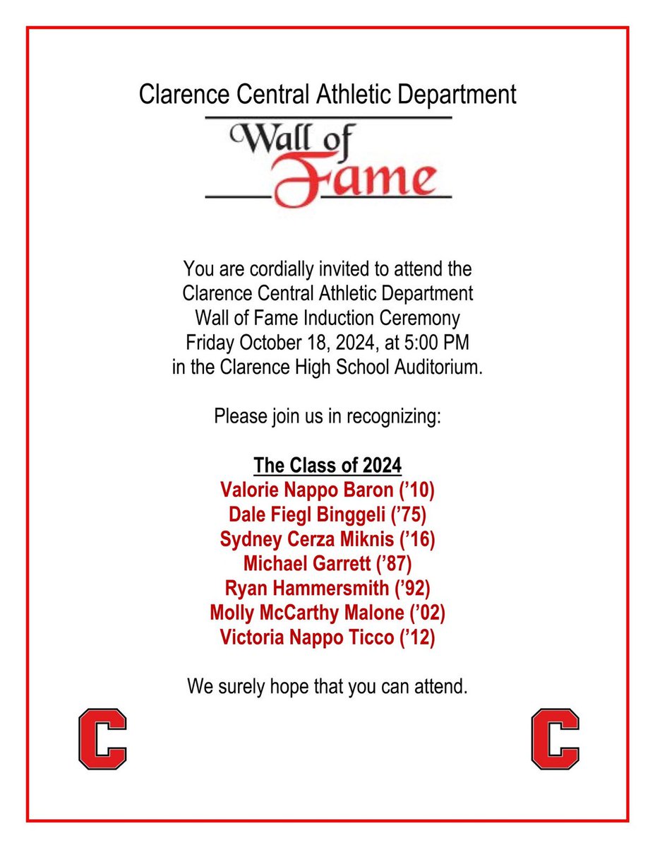 Clarence Athletic WoF Class of 2024 #ClarenceProud <a href="/ClarenceCsd/">Clarence Central School District</a> <a href="/ClarAthletics/">Clarence PE, Health & Athletics</a> <a href="/CHS_Devils/">CHS Red Devils</a> <a href="/ClarenceMiddle/">ClarenceMiddleSchool</a> <a href="/ClarCtrElem/">Clarence Center Elementary School</a> <a href="/HarrisHillES/">Harris Hill Elementary School Heroes</a> <a href="/goledgeview/">Ledgeview Elementary</a> <a href="/SheridanHillSh1/">SheridanHillSharks</a> <a href="/TheClarenceBee/">The Clarence Bee</a> <a href="/CVH_Central/">Clarence Fed Hockey</a> @REDDEVILSVFB <a href="/ClarHSsoftball/">Clarence HS Softball</a> <a href="/ClarWrestling/">Clarence Wrestling</a> <a href="/CoachBooker12/">ClarenceGirlsVarsityBasketball</a> <a href="/MatthewFrahm/">Matthew Frahm</a> Frahm