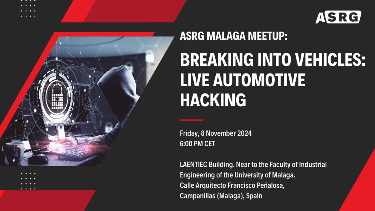 AutoSecResGroup's tweet photo. Join us for the ASRG Malaga Meetup: Live Automotive Hacking on 8 November!

See real-time vehicle hacking exploits and learn how to protect modern cars from cyber threats! Don’t miss this hands-on session with experts.

🔗 Register now: https://t.co/EE6IKoHXXi

#ASRGMeetup https://t.co/rjRMCOmbLP