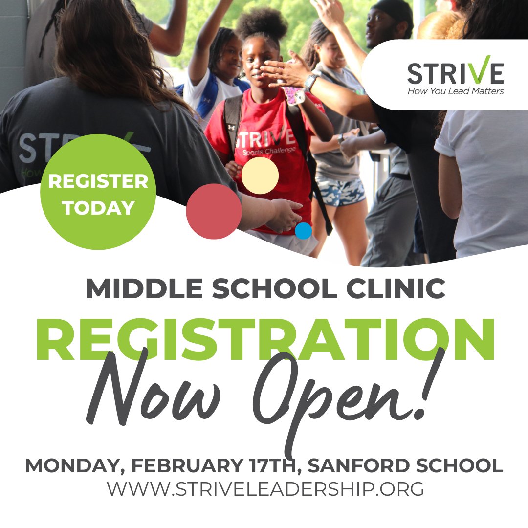 🏀🏐⚽ Calling all middle schoolers: Registration is open for Strive Clinic! Join us on President's Day to get active and develop key leadership skills. Register now: hubs.ly/Q02T--2g0