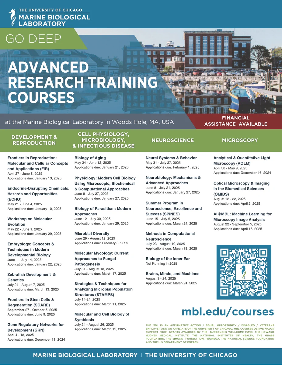 a list of all the 2025 Marine Biological Laboratory Advanced Research Training Courses with course dates and application deadlines listed. 