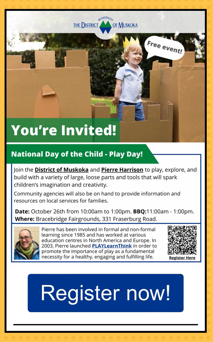 FREE! The District of Muskoka is hosting a National Day of the Child- Play Day!
Click here to register your child: 

online-forms.muskoka.on.ca/Children-Progr…