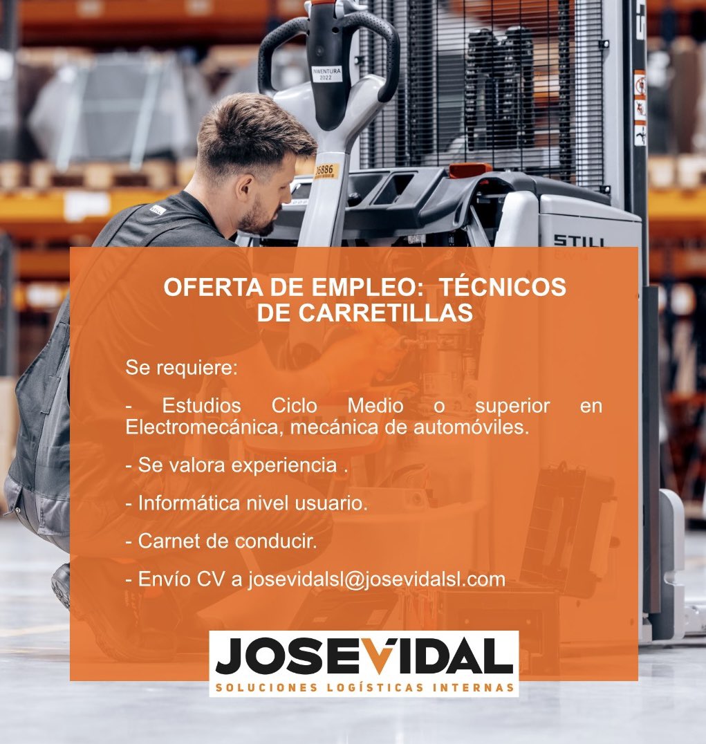 JOSE VIDAL,SLU (@josevidalsl) on Twitter photo Buscamos técnicos de carretillas, si buscas trabajo en este sector envía tu CV a josevidalsl@josevidalsl.com #ofertadetrabajo #alicante #carretillaselevadorasstill Buscamos técnicos de carretillas, si buscas trabajo en este sector envía tu CV a josevidalsl@josevidalsl.com #ofertadetrabajo #alicante #carretillaselevadorasstill
