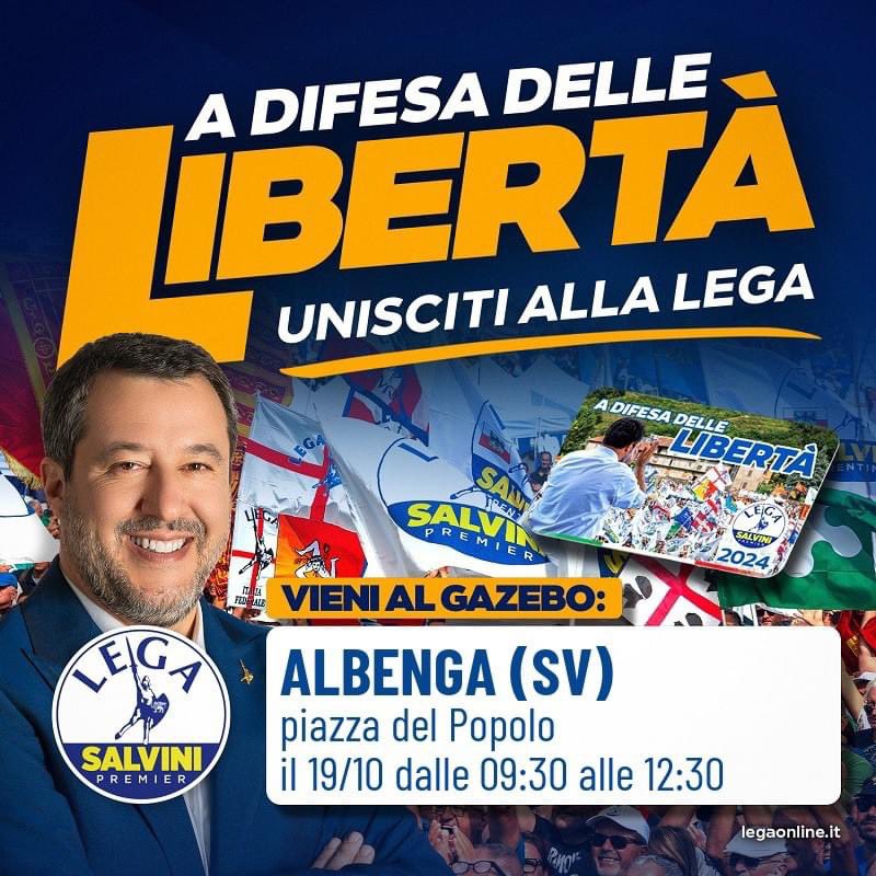 🔵Ti aspettiamo domani in Piazza del Popolo ad Albenga per raccogliere le firme a sostegno di Matteo Salvini.

☝️ Saranno con noi gli Onorevoli Elena Maccanti e Alessandro Benvenuto.
Si parlerà delle prossime elezioni regionali, e sarà l’occasione per ritirare i miei gadget!