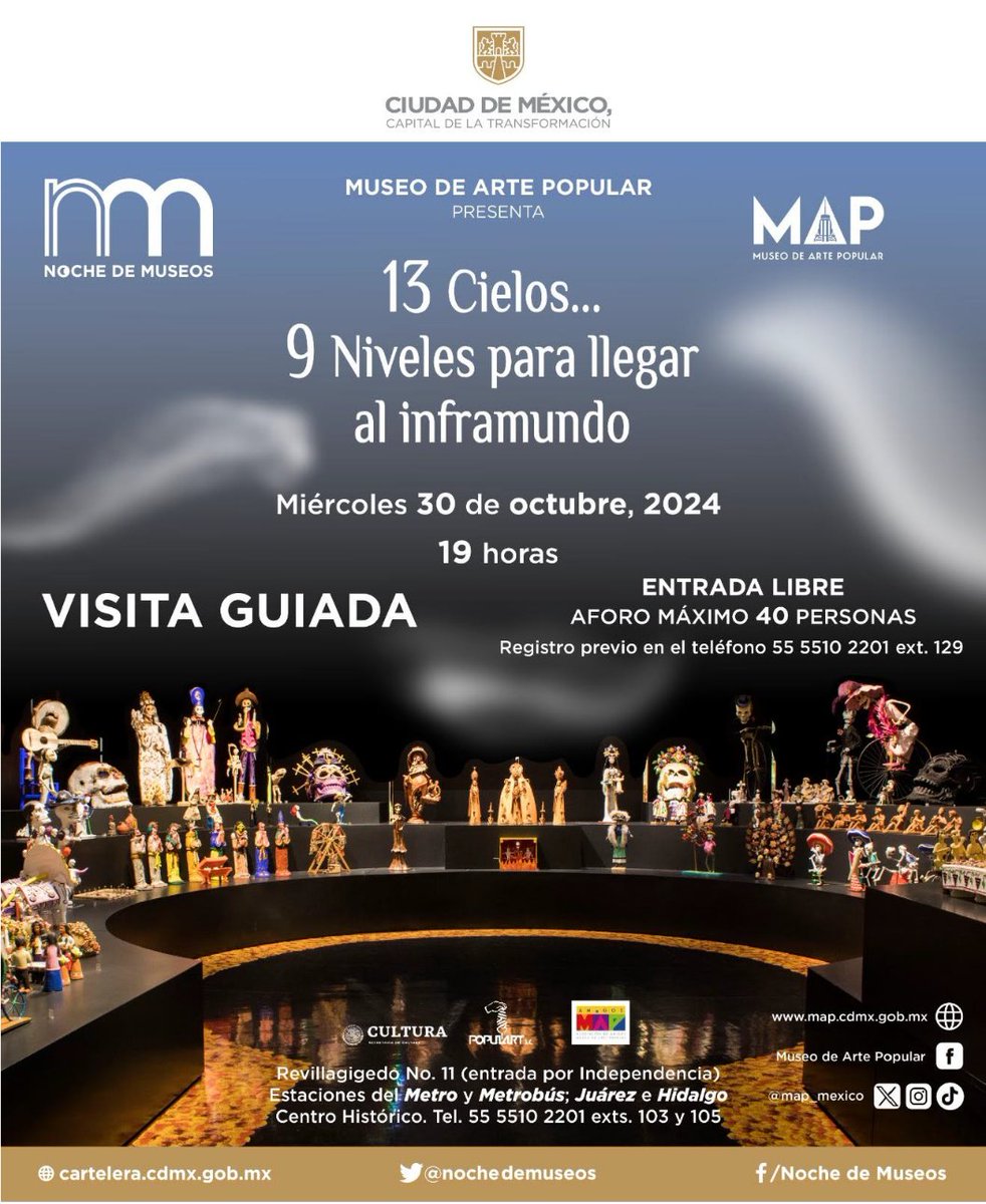 En esta #NocheDeMuseos recuerda a nuestros dioses y raíces con la visita guiada que el <a href="/map_mexico/">Museo de Arte Popular</a> tiene para ti.

30/10
19 H
E Libre
Aforo: 40 p

Registro previo: 55 5510 2201, ext. 129

Revillagigedo 11, esq. Independencia
