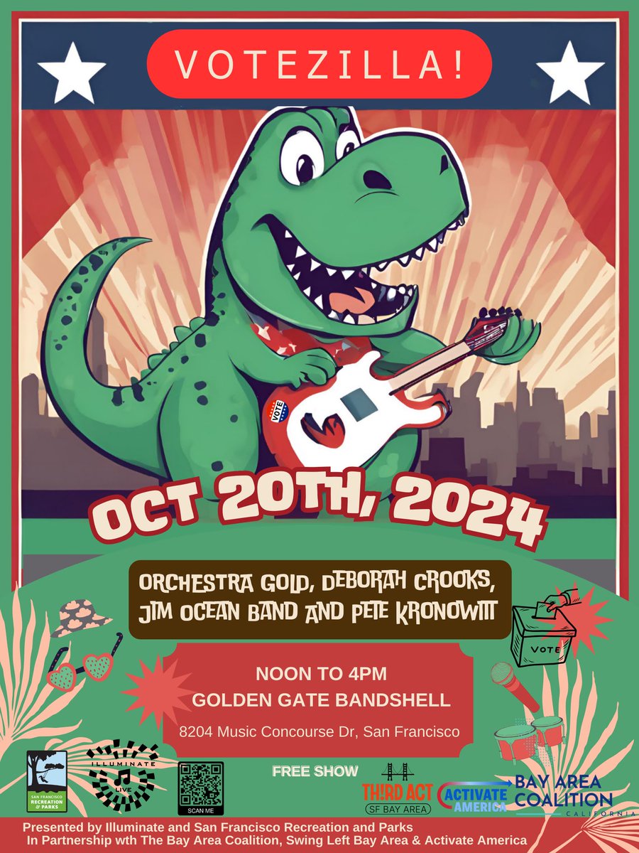 Happening this Sunday!

VoteZilla uses the power of performance to support a get-the-vote-out effort featuring local artists &amp; Bay Area activists coming together from 12pm-4pm on Sun Oct 20th, 2024 at the Golden Gate Bandshell. 

Learn more: VoteZilla.us

@recparksf