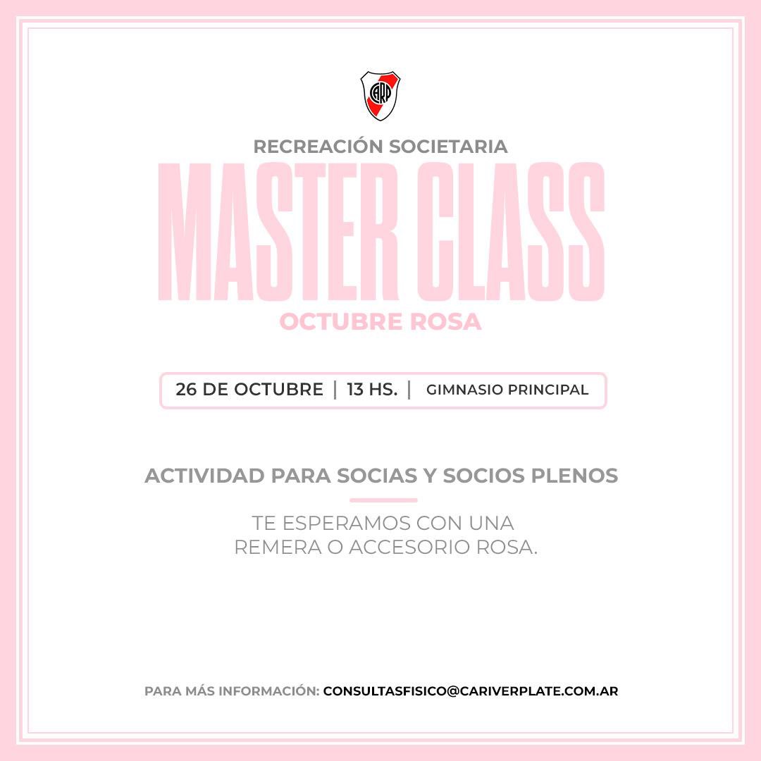 *Estimados Socios y Socias* 

📢 Te invitamos a participar  de la *MASTER CLASS* 
Edición especial *"Octubre Rosa"*
 
Nos sumamos al mes de Concientización del cáncer de mama

FECHA: *Sábado 26 de octubre 2024*
HORARIO: 13 hs.