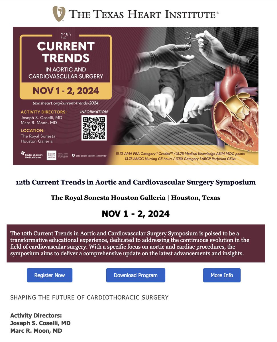 Joseph Coselli, MD (@jcoselli_md) on Twitter photo Two weeks away! There is still time to register! I hope to see you there! <a href="/Texas_Heart/">The Texas Heart Institute</a> #aortaEd #DeBakeySurgeon Two weeks away! There is still time to register! I hope to see you there! <a href="/Texas_Heart/">The Texas Heart Institute</a> #aortaEd #DeBakeySurgeon