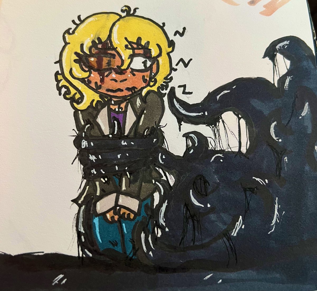 PurpleBushie's tweet photo. This is from when I was like 17 &amp; I hate getting weird comments abt it when I draw her doing the hair manipulation thing so keep in mind that’s a child she restrained &amp; her tendrils are literally greasy tangled gunked up human hair https://t.co/bnUGZoj2gT