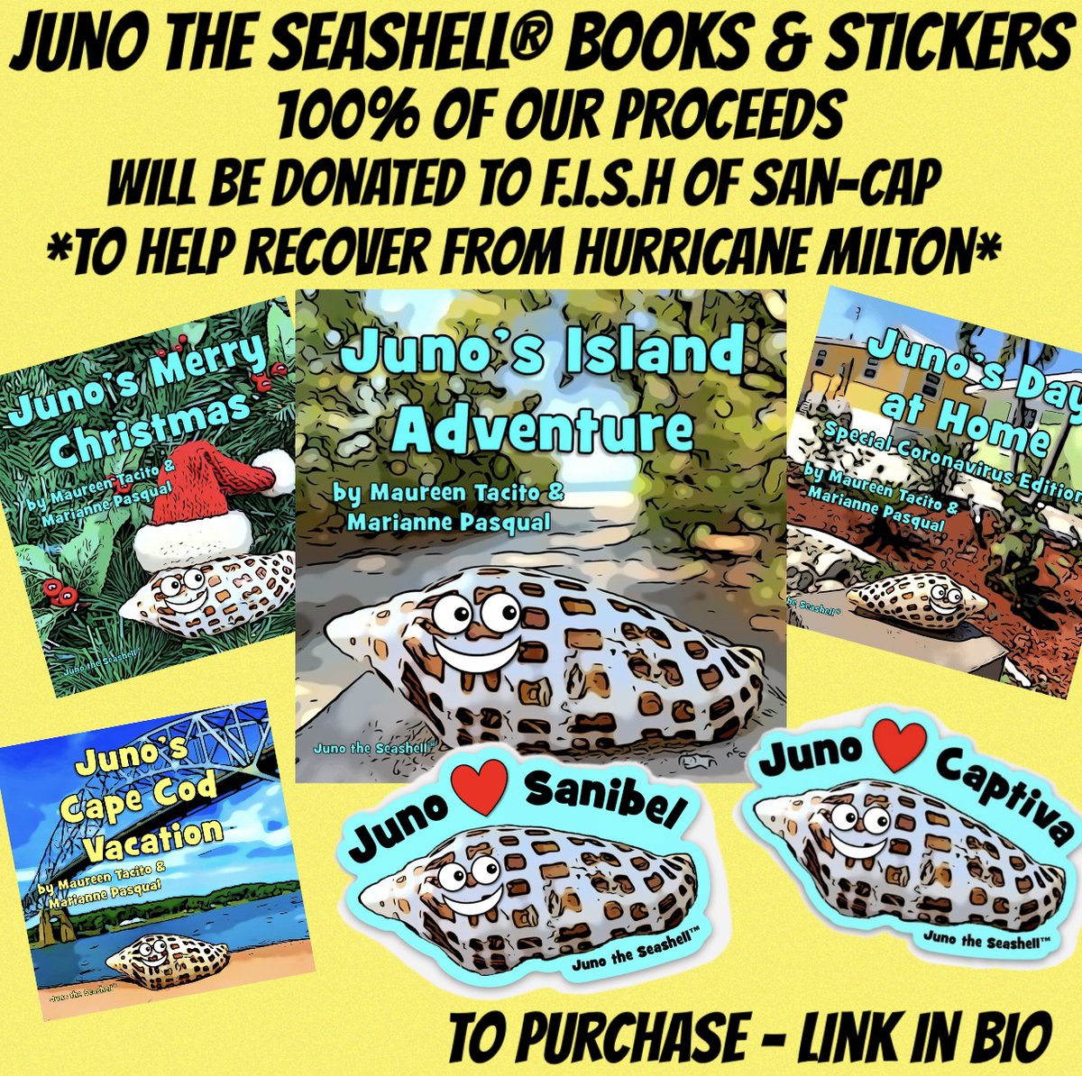 TheJunoBook's tweet photo. #hurricancemilton #HurricaneHelene #sanibel #sanibelstrong #floridastorm #floridahurricane  #floridastrong #HurricaneMilton #hurricanehelene2024  #junotheseashell #thejunobook #Fundraiser #books #donation #booksales #Stickers  #sanibelisland #captiva #kidsbooks #fundraising #fun https://t.co/okE2oIfIe7