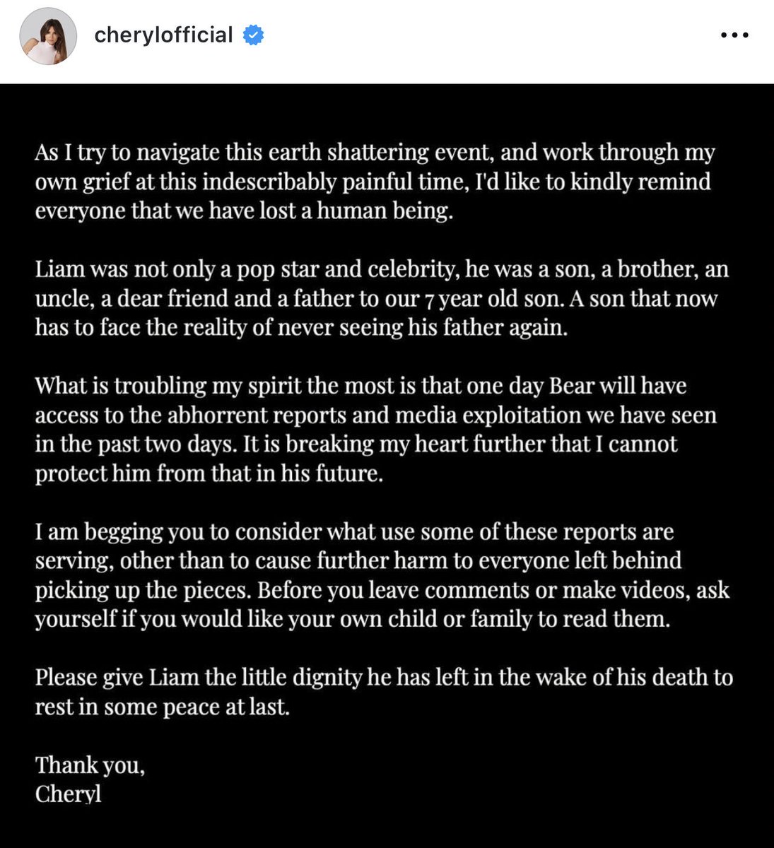niallontours's tweet photo. We feel the need to share Cheryl's words 

Take in mind what you share online, respect their privacy. Don't share the pictures taken of family and friends during this difficult time.

"Consider what use some of these reports are serving, other than to cause further harm" https://t.co/th5vj7D6rt