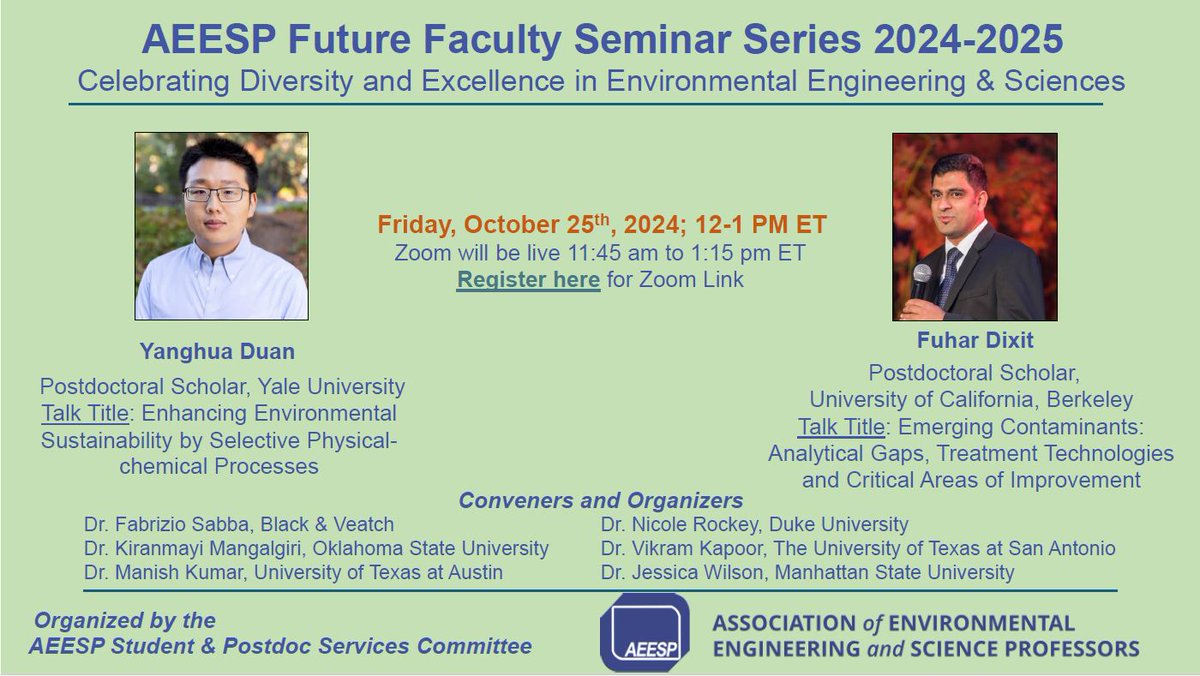 #AEESP Future Faculty Seminar is back!!
When: Friday, October 25th, 2024 (11:45 am ET to 1:15 pm ET)
Registration: bit.ly/3BQZzDX
