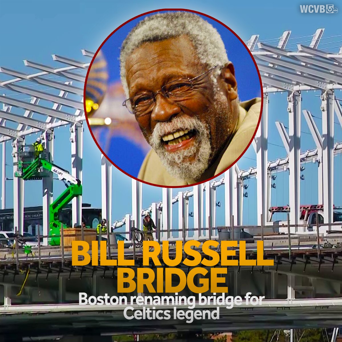 WCVB's tweet photo. #Celtics and #NBA legend Bill Russell, who died in 2022, will be immortalized in #Boston as the city is set to rename a bridge in his honor. https://t.co/4OVgWIMrbj https://t.co/soFBBVN4PW