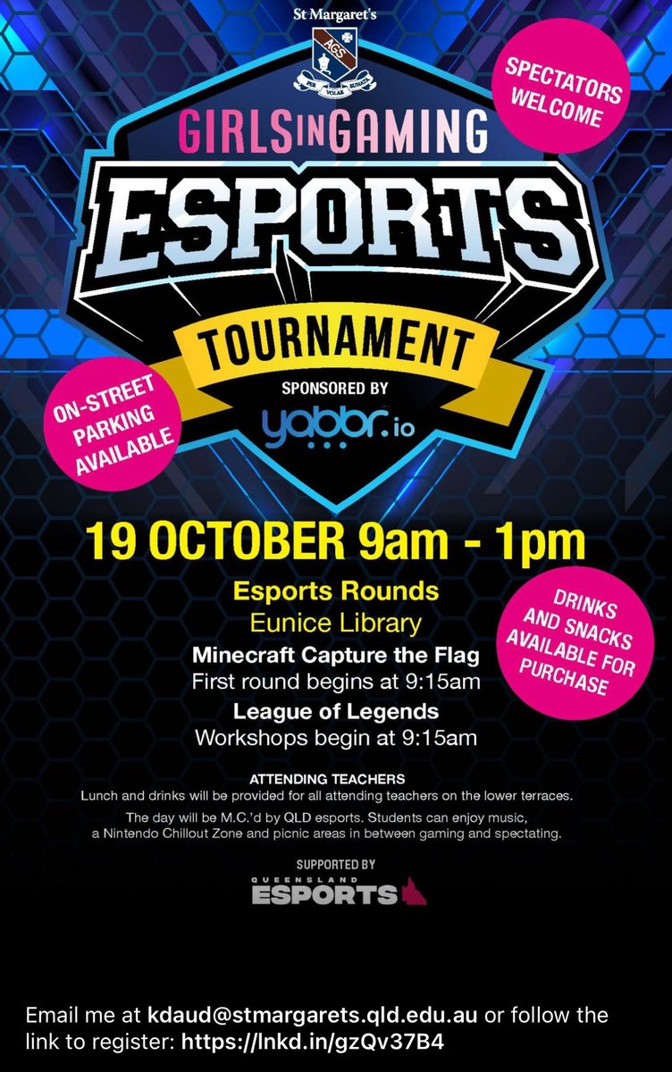 Off to observe all the excitement and skill of girls in esports. Kerry Daud is a legend leading the push for girls’ gaming and academic esports.