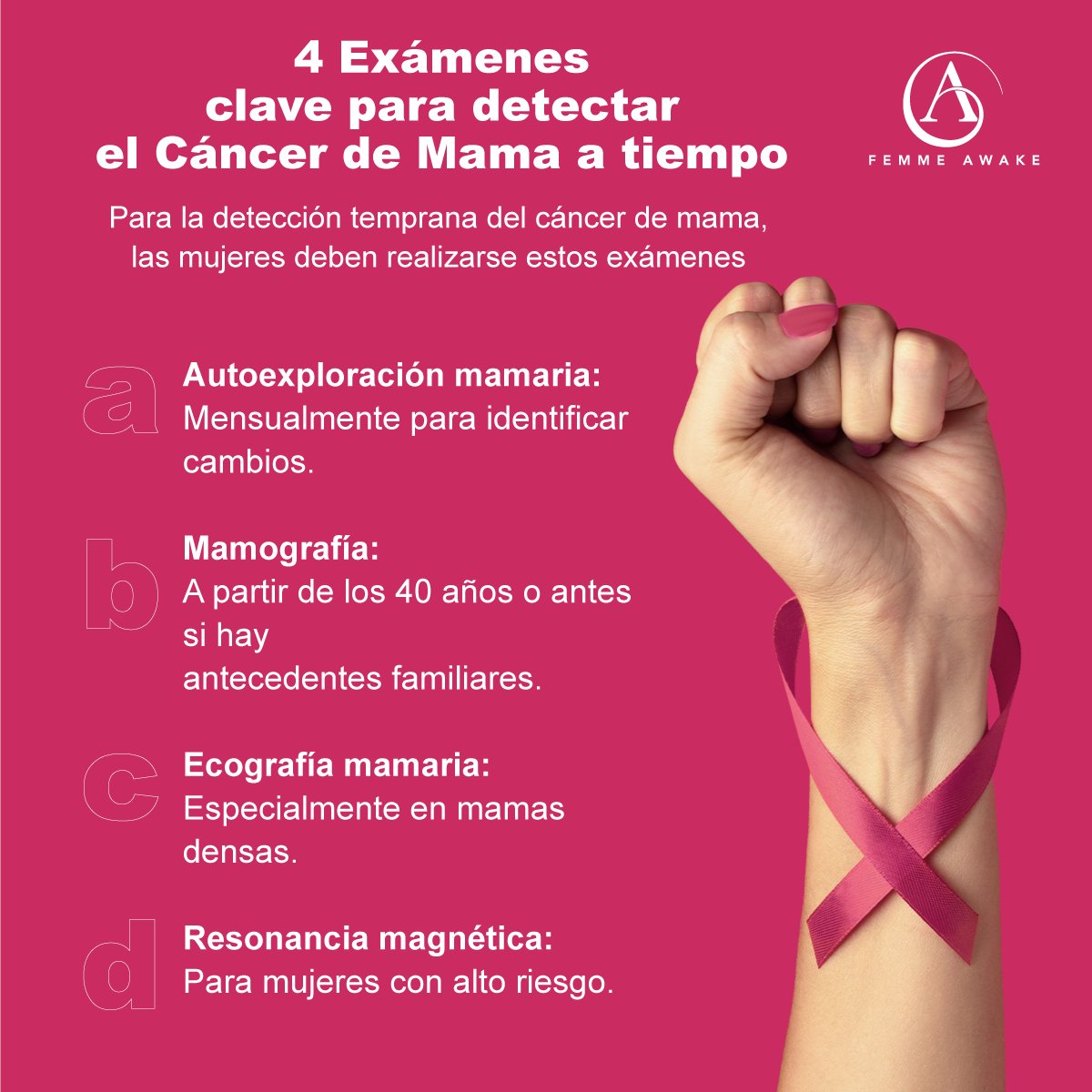 La detección temprana salva vidas.
#FemmeAwake #CáncerdeMama #Exámenes #PrevenciónEsSalud