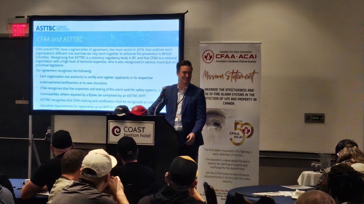 ASTTBC's tweet photo. ASTTBC's Registrar Michael Thain presented today at BC FireCon to share insights on the qualification competencies in the life safety industry.
#FireCon2024 #ASTTBC https://t.co/B1yzriHgaQ