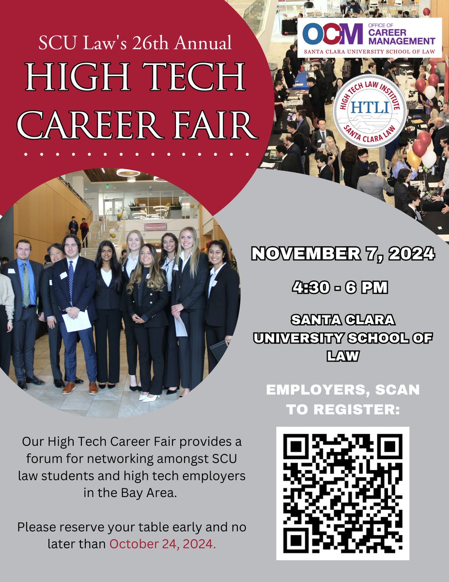 The 26th Annual High Tech Career Fair will be on Nov 7 from 4:30 - 6:00 pm at Santa Clara University School of Law, hosted by the Office of Career Management and SCU HTLI.

Employers, register here: bit.ly/3zS2onw. Please reserve your table no later than Oct 24.