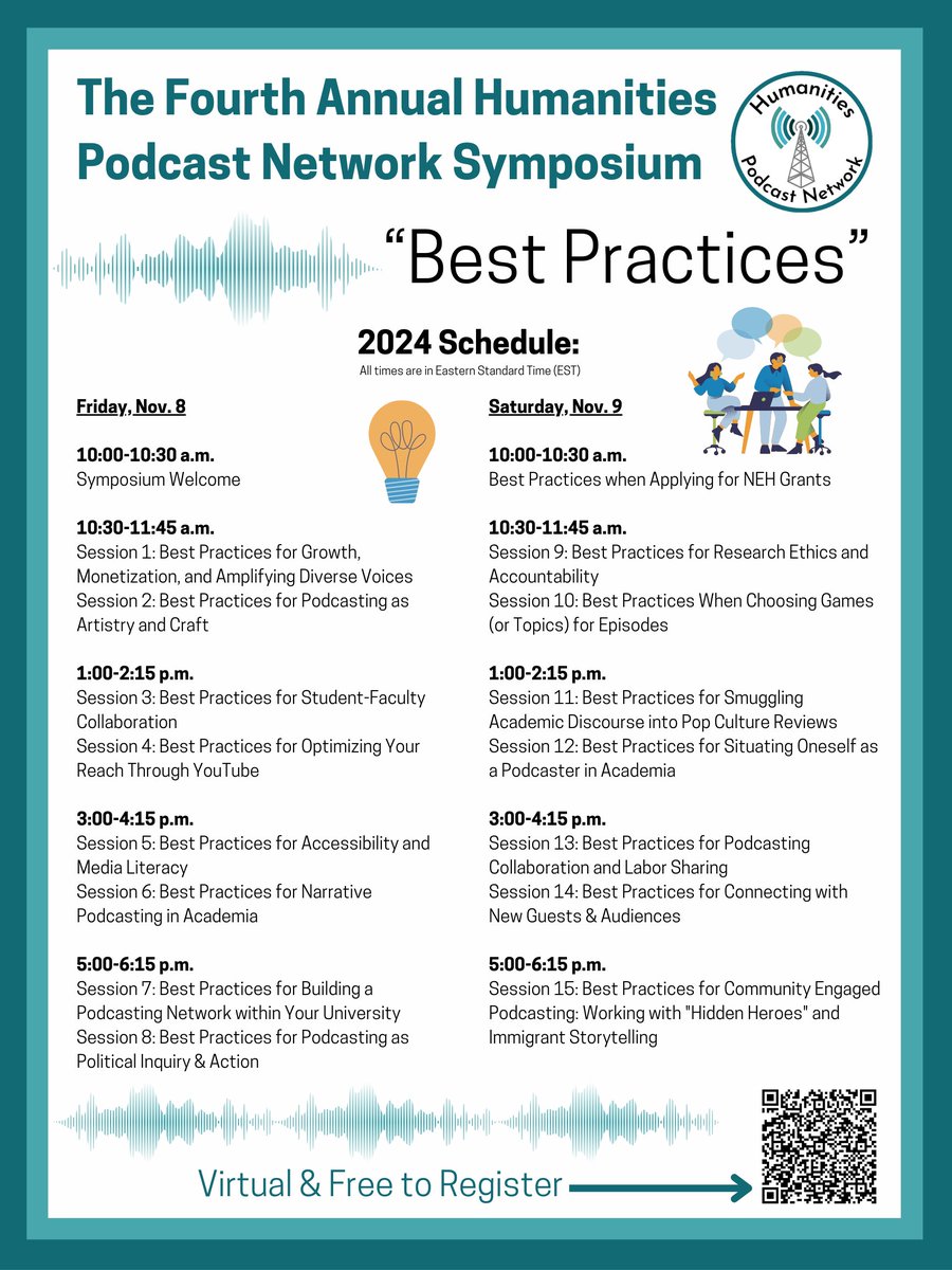 The schedule and program for the Fourth Annual Humanities Podcast Network (HPN) Online Symposium is now available! 

Mark your cal and plan to join on Fri., Nov. 8 and Sat., Nov. 9. #podcasting #podcaststudies 

Registration is free!
eventbrite.com/e/4th-annual-h…