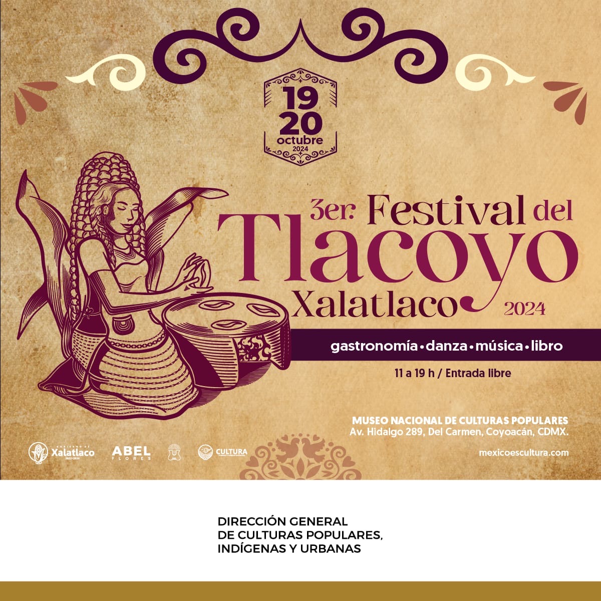 ¡Ven a disfrutar del 3er Festival de la Identidad Xalatlaquense Tlacoyo 2024! 🎉 Este 19 y 20 de octubre en el Museo Nacional de Culturas Populares te espera un fin de semana lleno de sabor, cultura y tradición. 🍽️✨ Habrá expo venta, danza, artesanías y mucho más. 🕺🎶