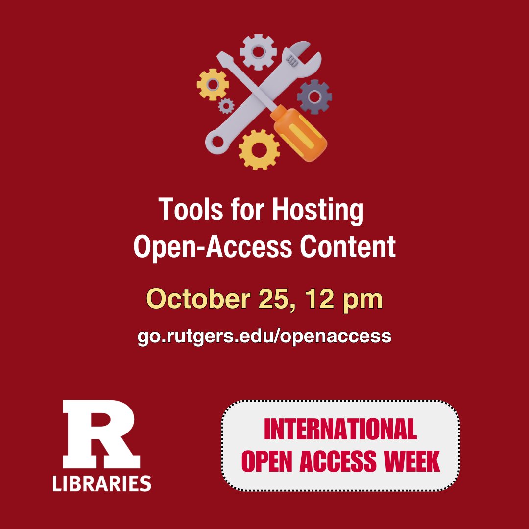 RULibraries's tweet image. International Open Access Week is October 21-27. Rutgers University Libraries will offer free virtual programs highlighting how the Libraries support open access for our community of users. Advance registration is required:
go.rutgers.edu/openaccess
#OAWeek2024