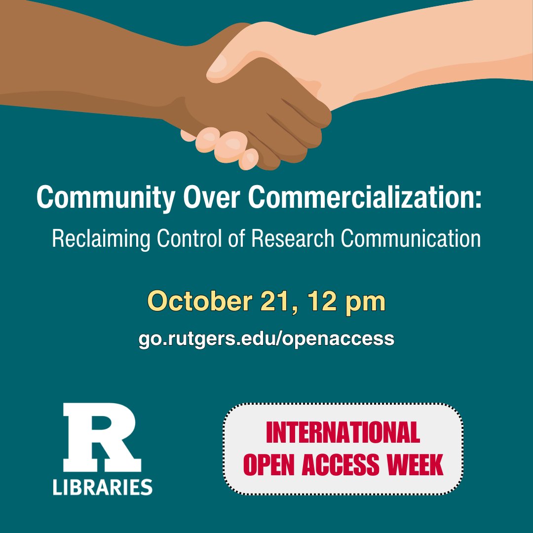 RULibraries's tweet image. International Open Access Week is October 21-27. Rutgers University Libraries will offer free virtual programs highlighting how the Libraries support open access for our community of users. Advance registration is required:
go.rutgers.edu/openaccess
#OAWeek2024