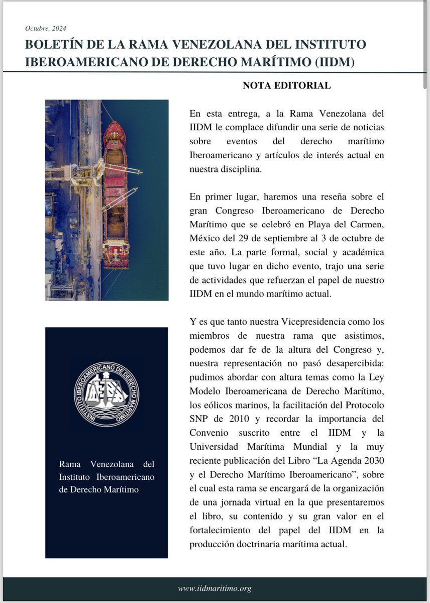 gjponce's tweet photo. Boletín de la Rama Venezolana del Instituto Iberoamericano de Derecho Marítimo (IIDM) correspondiente al mes de octubre del año en curso. Los invitamos a leerlo!!!. https://t.co/epXLpuFphA
