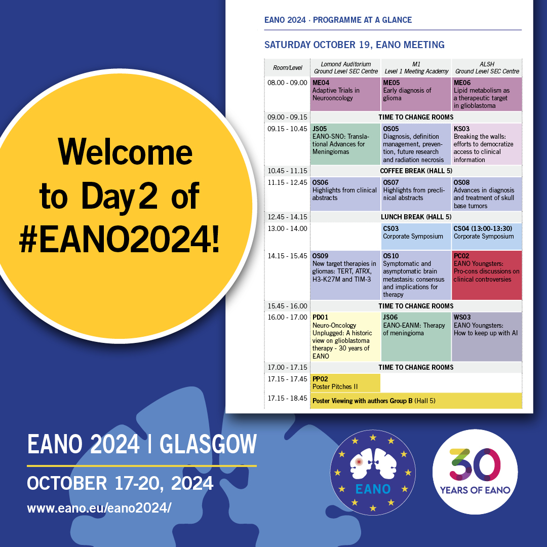 Welcome to Day 2 of #EANO2024 in #Glasgow! 🌍 Get ready for another exciting day of groundbreaking research, insightful talks, and international collaboration in #NeuroOncology. Let’s continue advancing the field together! #EANO2024