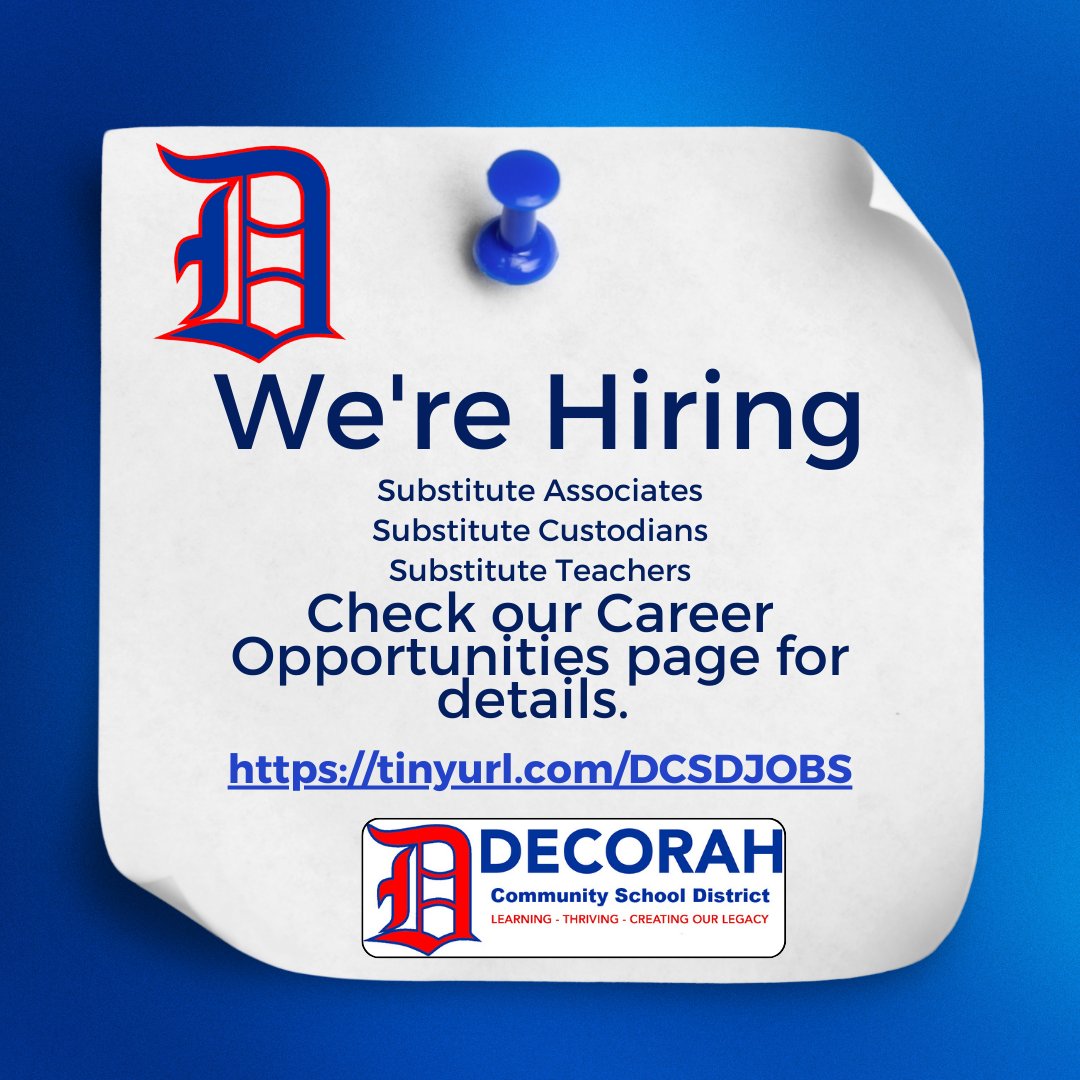 We're Hiring:
-Substitute Associates
-Substitute Custodians
-Substitute Teachers

Please have a look at our Career Opportunities page for details. 

tinyurl.com/DCSDJOBS
