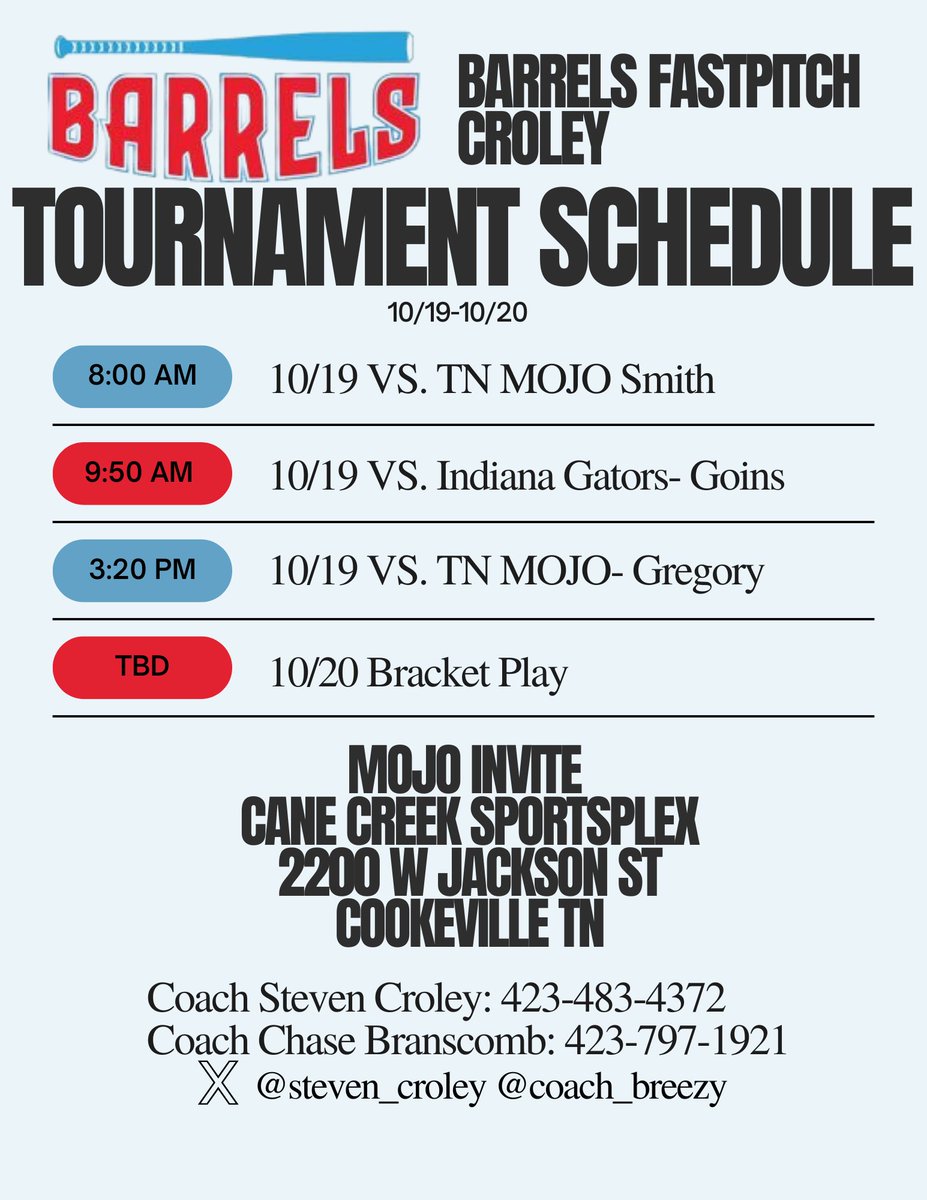So excited to go do my favorite thing with my favorite people! We would love it if you guys stopped by to watch this team compete! <a href="/coach__breezy/">Coach Breezy</a> <a href="/steven_croley/">Barrels Croley 18u</a> <a href="/btaathletics/">Barrels Training Academy, LLC</a>