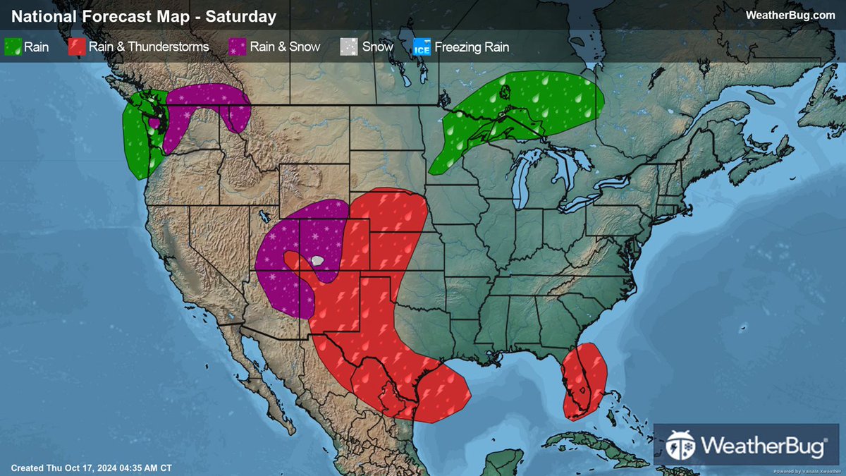 WeatherBug's tweet image. Weekend weather highlights: A strong high-pressure system brings dry conditions to the eastern U.S., while the southern Rockies see rain and snow mix. A fall-cold front will bring rain to the Pacific Northwest. 🌤️🌧️ #WeekendWeather
Full Outlook: bit.ly/3pBGIXy