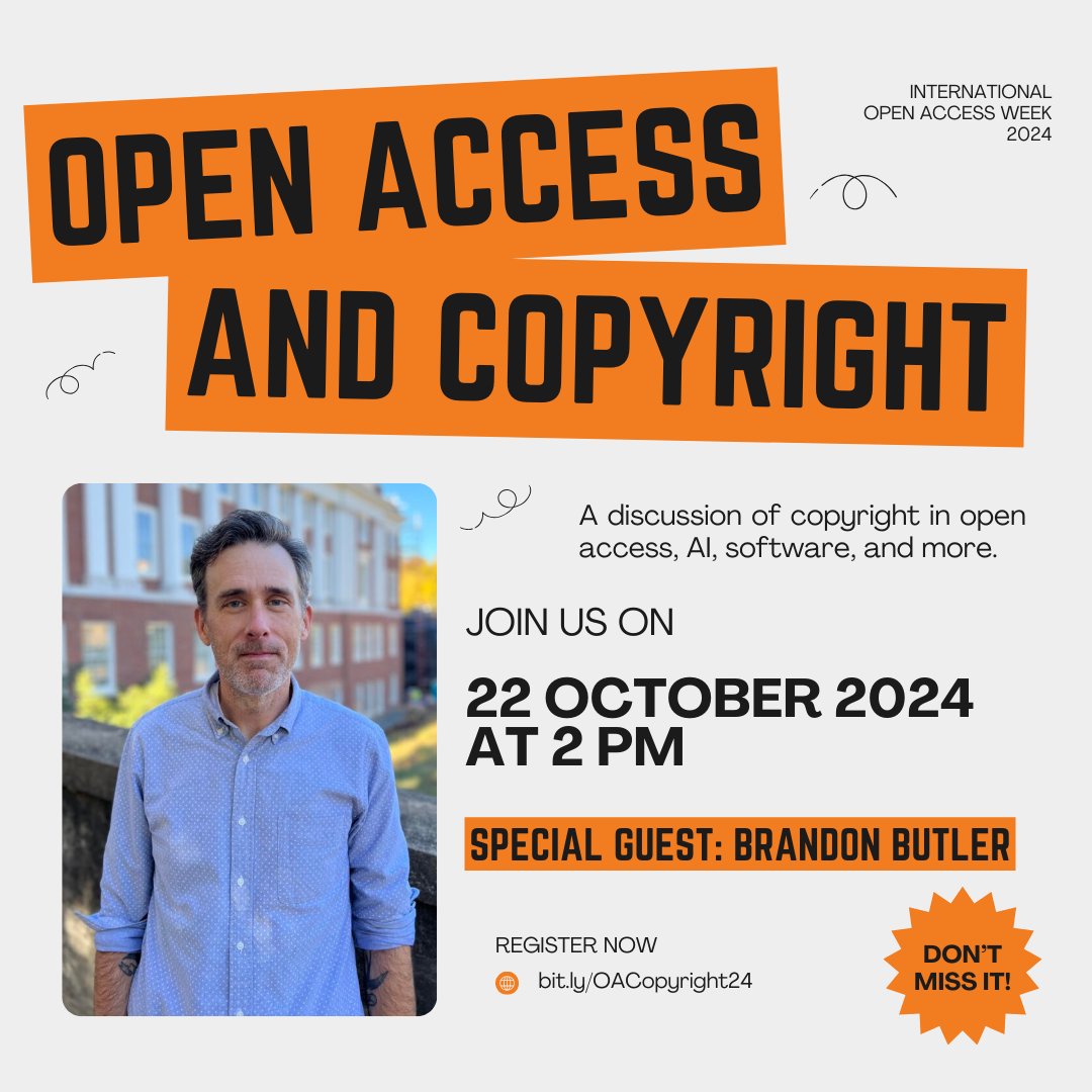 OCTOBER 22ND AT 2 PM: Celebrate OA Week with the JHU Research Administration &amp; JHU Libraries hosting fair use expert Brandon Butler, the new executive director of Re:Create, for a discussion on copyright in open access, AI, software, &amp; more. 

Register @ bit.ly/OACopyright24