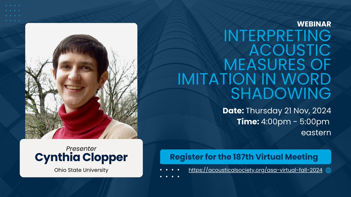 Register for #ASA187 to attend the two-part webinar "The State of the Art in Speech Communication" on Nov 21 at 3:00 pm Eastern. Details at acousticalsociety.org/asa-virtual-fa…