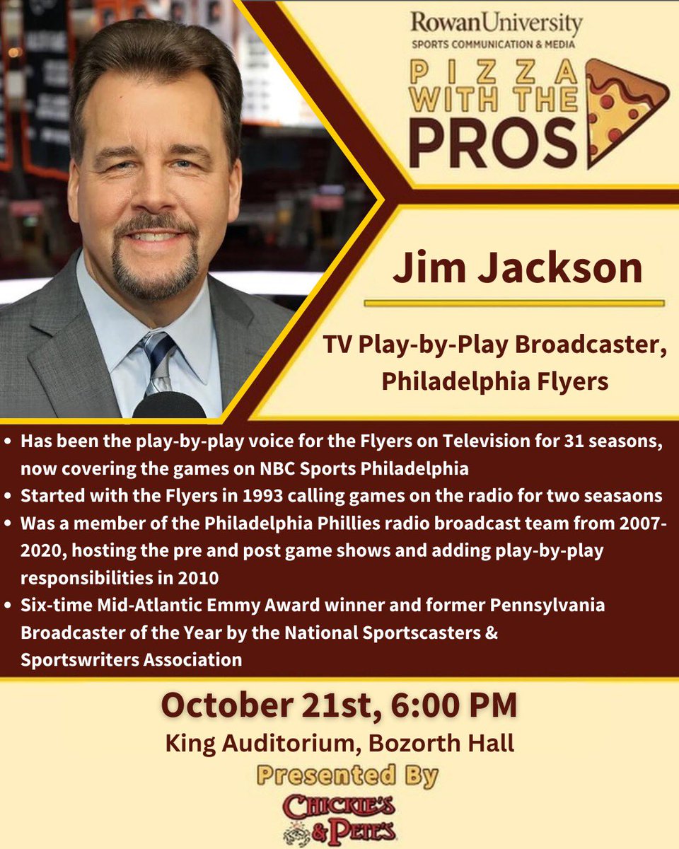 .<a href="/NHLFlyers/">Philadelphia Flyers</a> broadcasting legend, <a href="/JimJPhilly/">Jim Jackson</a>, will be here on campus this Monday for 🍕Pizza with the Pros🍕! 

Don’t miss this incredible opportunity to hear from Jim and expand your network. FREE <a href="/ChickiesnPetes/">Chickie's and Pete's</a> pizza will be served at 5:40pm.