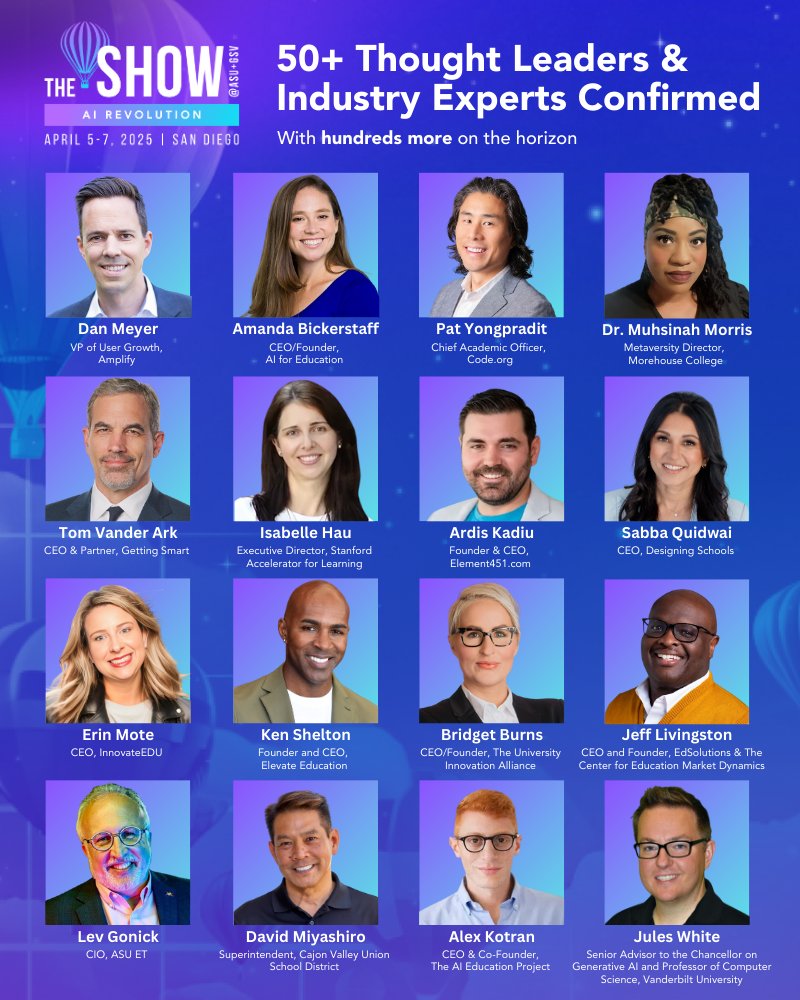 With hundreds of thought leaders &amp; industry experts leading hands-on workshops, inspiring keynotes, and interactive sessions, we’re so excited to highlight the growing lineup of speakers confirmed for the 2nd Annual AI Show @ ASU+GSV!

Register for free: hubs.li/Q02TY_Qn0