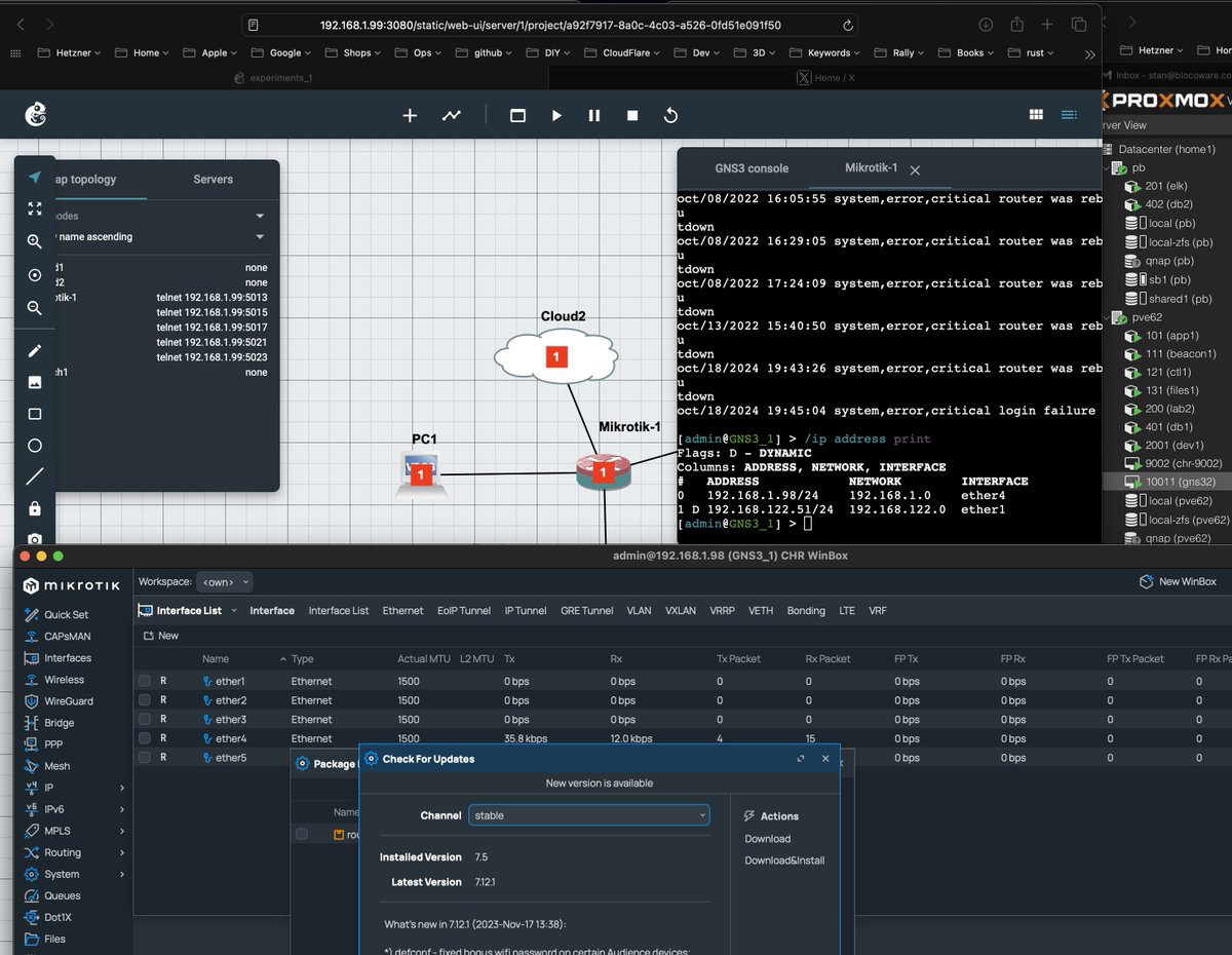 Returning to experiments in <a href="/gns3/">GNS3</a>  after a year and omg  I forgot how amazing it is! The task now is to model  future network in the hosting collocation (moving away from Hetzner dedicated servers). GNS3 + Mikrotik's RouterOS VHDs = ❤️.