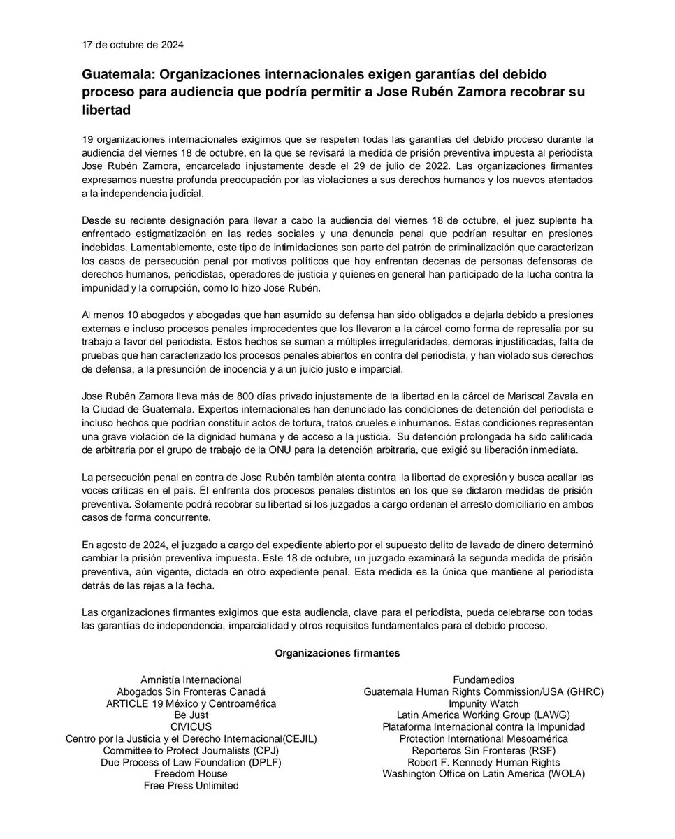 ⚠️#Guatemala |Organizaciones internacionales exigimos garantías del debido proceso en audiencia que podría permitir a José Rubén Zamora recobrar su libertad. #ZamoraLibre