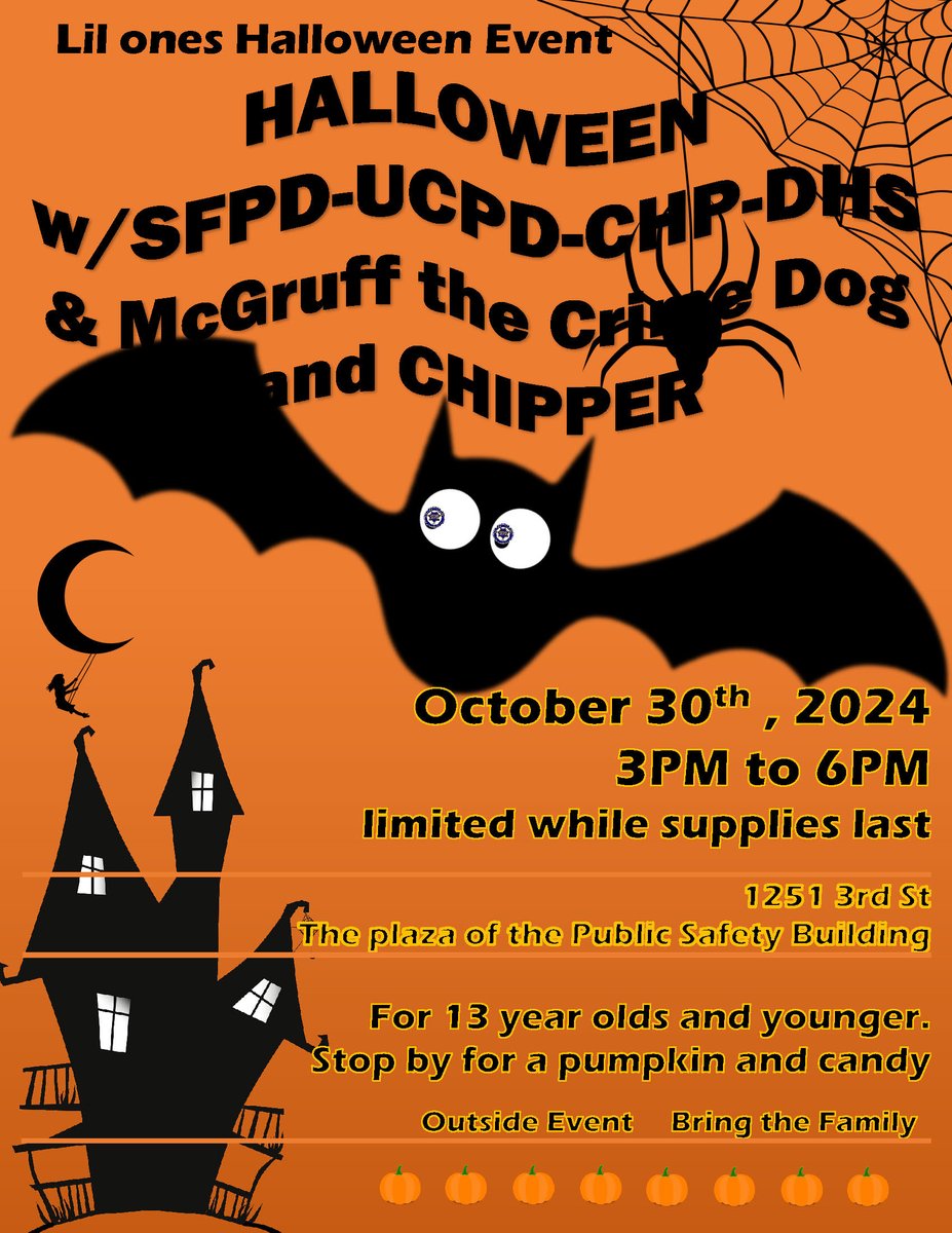 SFPDSouthern's tweet photo. Wednesday, 10/30, please join @SFPD @ucsfpd @DHSgov &amp; @CHPSanFrancisco and McGruff  the Crime Dog to scare up some Halloween fun from 3-6 p.m. at Southern Station, 1251 3rd St. https://t.co/ymk7OgVYoV