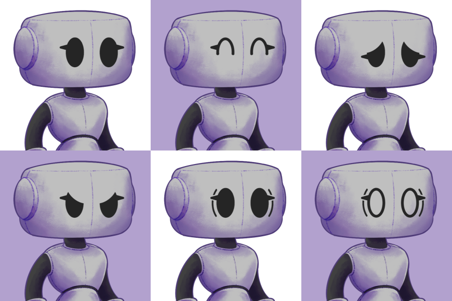 tysonpease's tweet photo. More from the upcoming indie game Monochrome Heights. I was tasked with making expressive in-game portraits for the pre-existing robot cast for use during cutscenes. That's right, expressive robots! Robots without eyebrows or mouths! (1/4) https://t.co/imoI2q86Nx