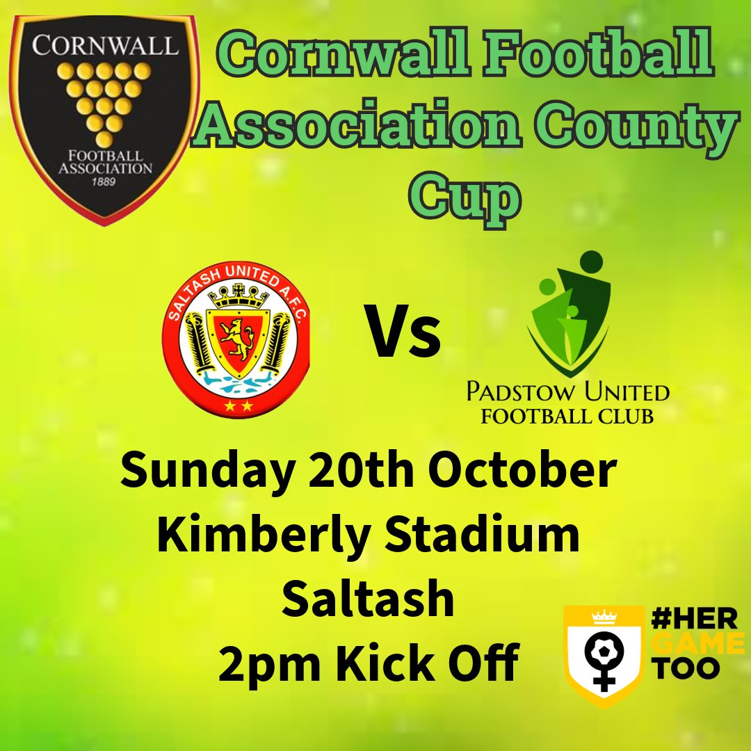 Sunday we travel to play <a href="/saltashunited_w/">Saltash United Women</a> at Kimberly Stadium.
In the <a href="/cornwallfa/">Cornwall FA</a> <a href="/MHGoals/">MHGoals Ltd</a> womans county Cup. 
Ko is 2pm 
<a href="/ImpetusFootball/">Impetus</a> <a href="/HerGameToo/">Her Game Too</a> 
<a href="/devoncornwallfc/">S&W Devon & E Cornwall Football</a> 
<a href="/swsportsnews/">South West Sports News</a> 
<a href="/SWWFN/">South West Women's Football News</a> <a href="/SheKicksMag/">She Kicks - women's football magazine</a>