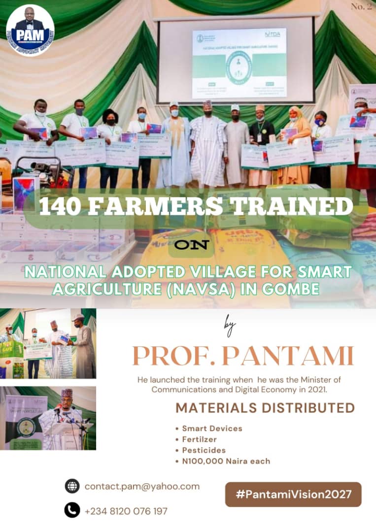 officialPAM_ng's tweet photo. 140 FARMERS TRAINED ON SMART AGRICULTURE IN GOMBE

In 2021, 140 farmers in Gombe were trained in smart agriculture under the NAVSA program, led by former Minister Prof. Isa Ali Pantami. They gained digital skills and received devices, fertilizers, and more.

#PantamiVision2027 https://t.co/0fL9gqnzWO