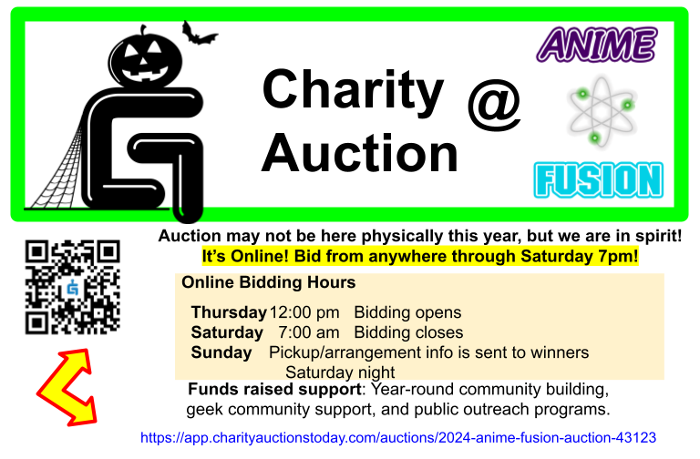 geekps's tweet photo. Heads up, the charity auction is live! Even though we aren't here in person, we are in spirit. Check out the link in the comments, bidding will end Saturday at 7pm. 
@AnimeFusionCon #FusionFeature2024 https://t.co/jLQbJYpWUi