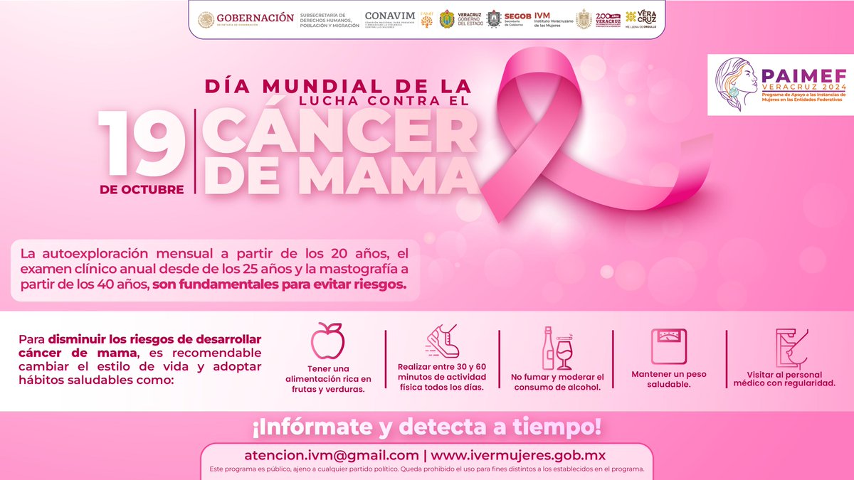 19 de octubre | Día Mundial de la Lucha contra el Cáncer de Mama 

🗓️ Conmemoramos este día con el objetivo de concientizar a la población acerca de la importancia de esta enfermedad y promover un diagnóstico o tratamiento oportuno para prevenir su desarrollo.