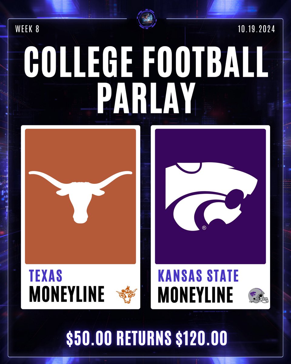 DanGambleAI's tweet image. 🏈 CFB Parlay: 10/19

We cashed a ML parlay last week, I’m running it straight back.

Tail on Caesars and get your wager back as a bonus if we don’t win.

💸➡️ Join Here: bit.ly/CS-1000

Horns up. Let’s ride.

21+, gamble responsibly.