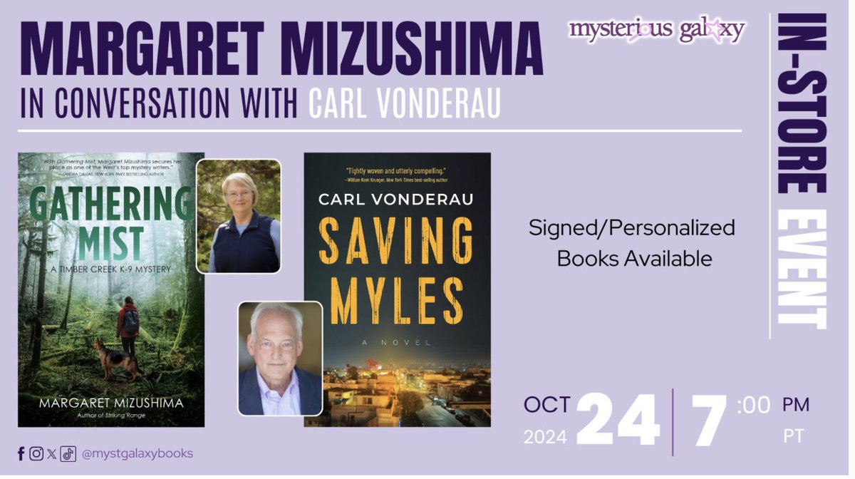I'll be at Mysterious Galaxy on Oct 24, 7 PM, with author @MargMizu. Stop on by!