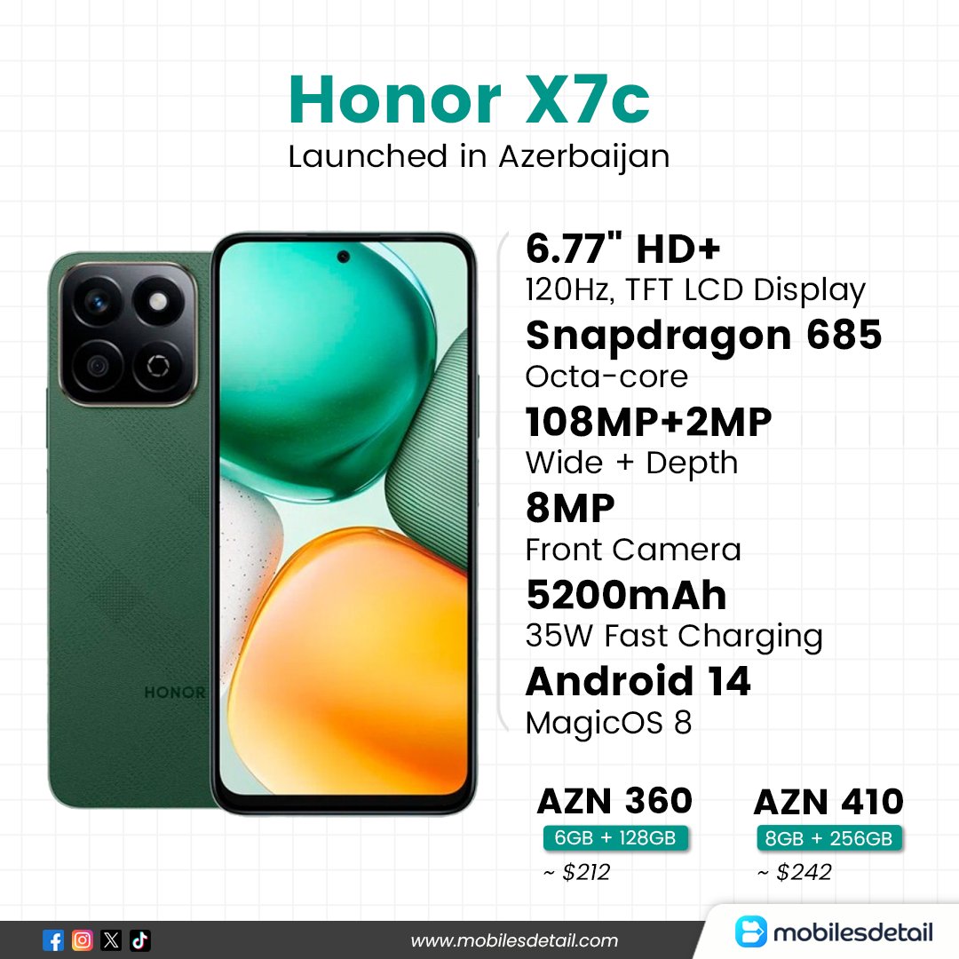 mobilesdetail's tweet photo. Honor X7c debuts with Snapdragon 685 and 120Hz LCD
#HonorX7c #Honor #Snapdragon685 #tech #newlaunch #smartpone https://t.co/IitlqcqZ9F