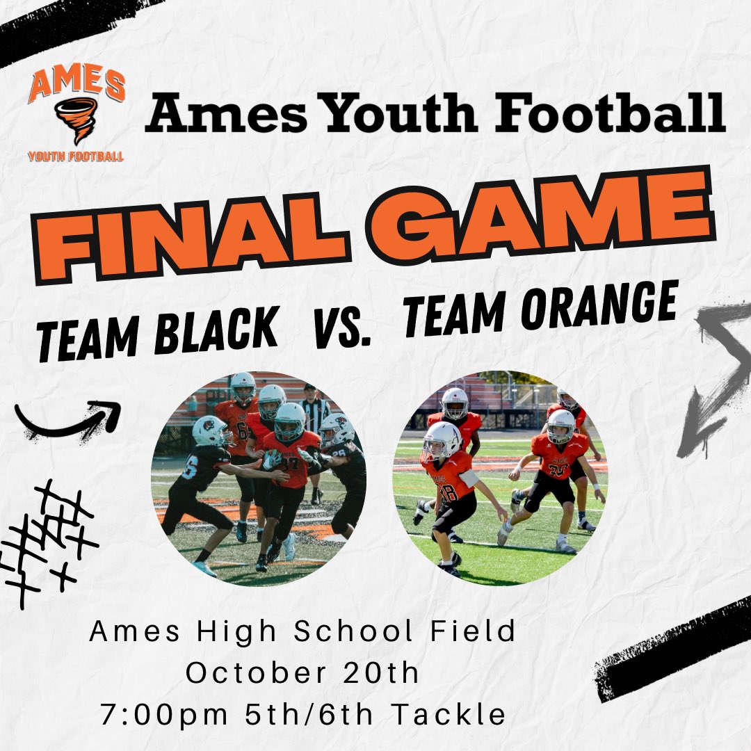 AmesYFootball's tweet photo. This Sunday! 
end of the season fundraiser. Flag game starts at 5:30 tackle game starts at 7 PM. Swag store, concessions, recognition of players. Come support Ames youth football. https://t.co/QSxXBvQ7tP