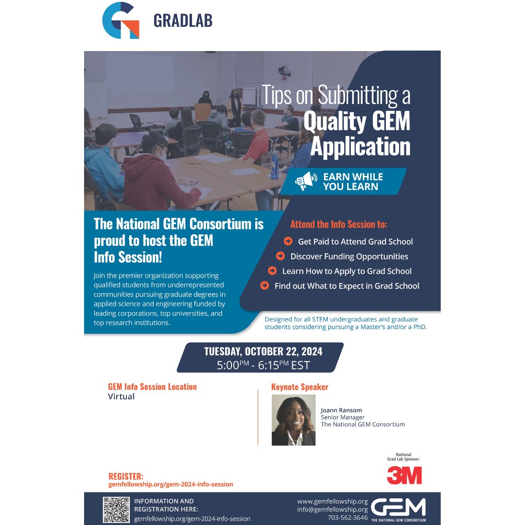 GEMFellowship's tweet photo. Next Tuesday at 4:45pm GEM will be hosting a virtual webinar on tips and advice to supercharge your Fellowship application journey! But you must register to attend: https://t.co/30XwEuEiRg

#GEM #GRADLab #engineering #phd #freetuition #advancingscientificimpact #hiddengems https://t.co/MXPkslHYJ7