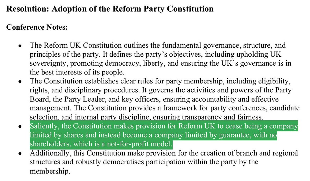 Homeland_Party's tweet photo. Did Zia Yusuf of Reform UK lie to his members?

He claimed the party would change its structure to be owned by the members, and the resolution stated it would be a non-profit company limited by guarantee.

However, if you check their new constitution, the company number 1169487 https://t.co/M23J9lfofL