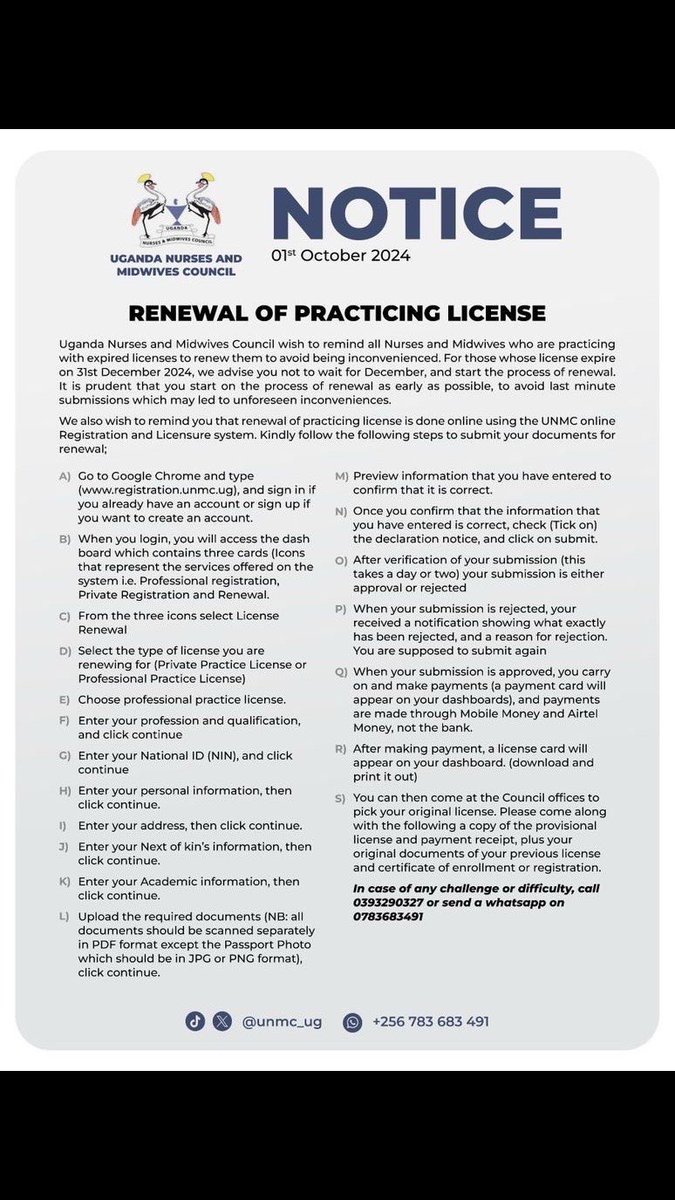 UNMC_Ug's tweet photo. Are you planning to renew your practicing license? 
Follow these steps for successful submission. https://t.co/lFhV8P8qfh