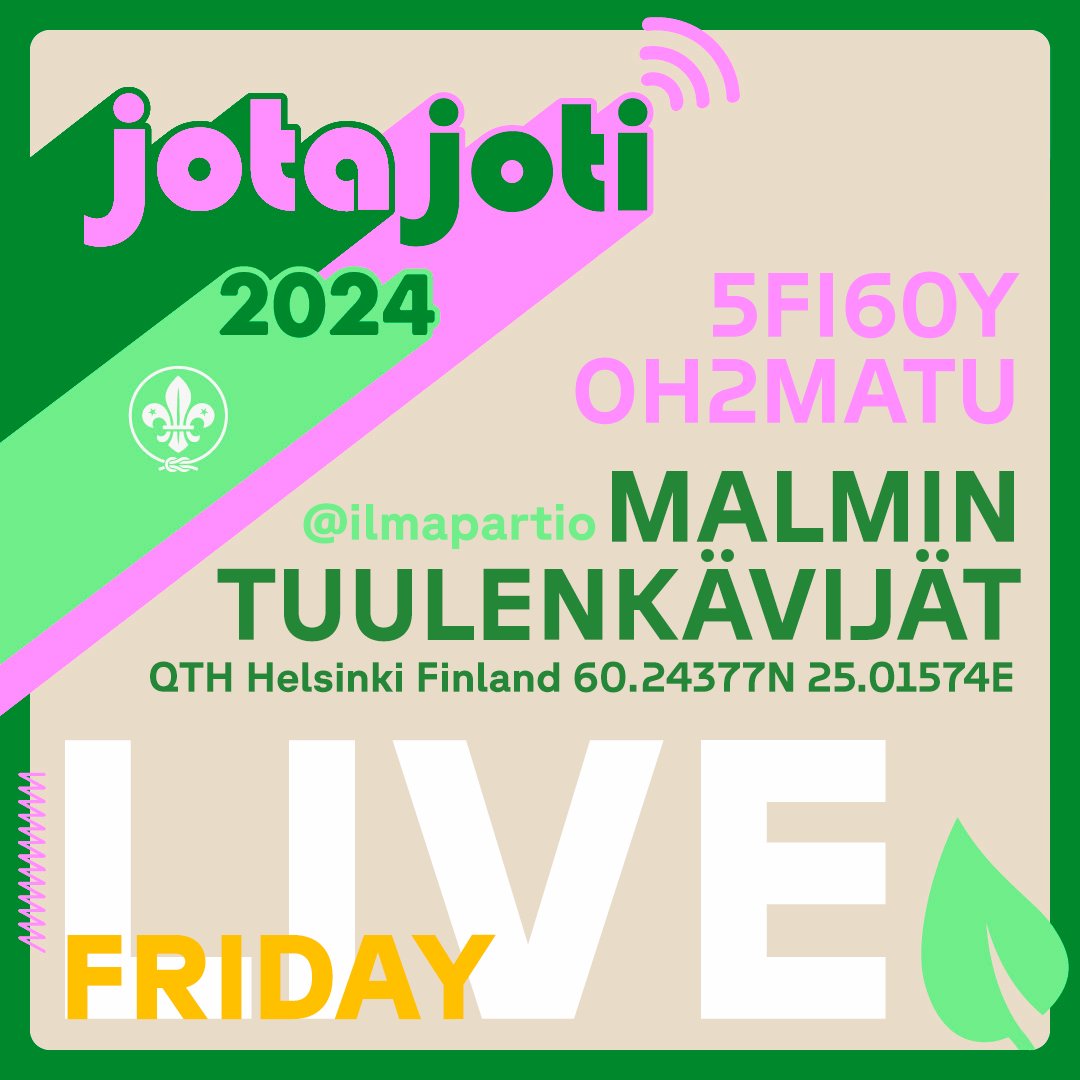 Here we go again! Follow us LIVE!

youtube.com/live/KIlb6oO1p…

#ilmapartio #päpa #partioscout #jotajoti #jotajoti2024 #OH2MATU #5FI60Y #radiopartio #radioscouting #airscouts <a href="/JOTAJOTI/">JOTA-JOTI</a>