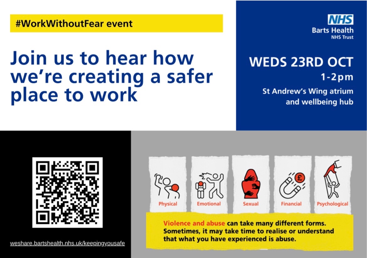 CatrionaRowland's tweet photo. Next week as part of #SpeakUp month we are having two #WorkWithoutFear events to meet our people at NewhamHospital &amp; offer what support is available by creating a safer place to work #ViolenceAndAbuse @MMagbagbeola @NHSBartsHealth @S_AshtonNHS @MaryW_FTSU https://t.co/YkAseu602r
